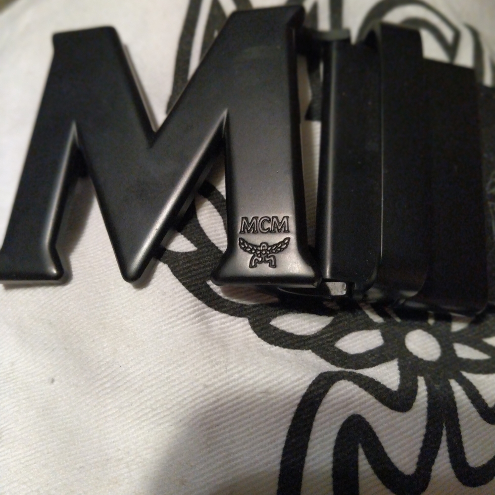 MCM Leather Belt with Blue Flower Pattern